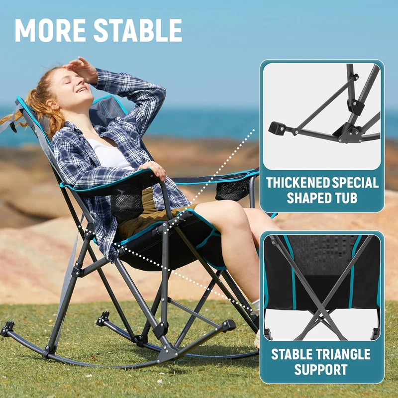 FUNDANGO Portable Rocking Camp Chair with Pillow & Cup Holders | High Back Padded Folding Rocker, 300lb Capacity Breathable Mesh Outdoor Chair