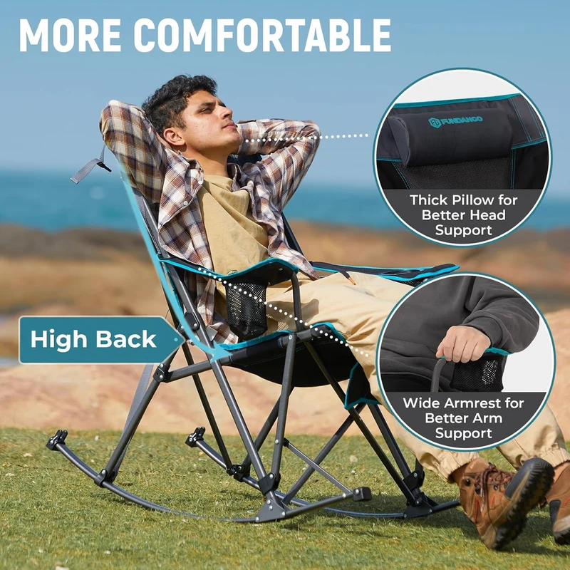 FUNDANGO Portable Rocking Camp Chair with Pillow & Cup Holders | High Back Padded Folding Rocker, 300lb Capacity Breathable Mesh Outdoor Chair