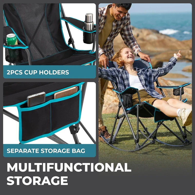 FUNDANGO Portable Rocking Camp Chair with Pillow & Cup Holders | High Back Padded Folding Rocker, 300lb Capacity Breathable Mesh Outdoor Chair
