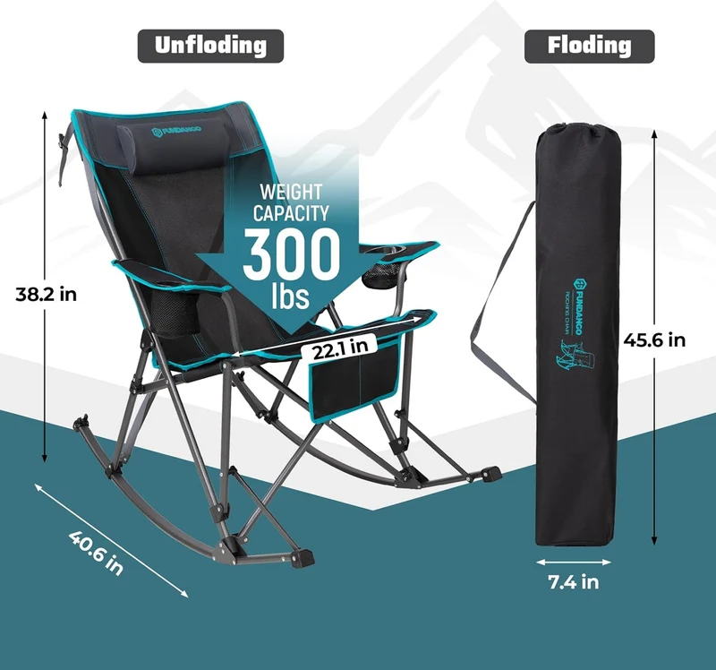 FUNDANGO Portable Rocking Camp Chair with Pillow & Cup Holders | High Back Padded Folding Rocker, 300lb Capacity Breathable Mesh Outdoor Chair