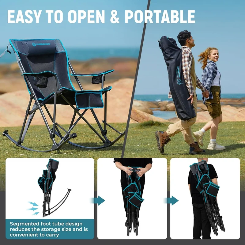 FUNDANGO Portable Rocking Camp Chair with Pillow & Cup Holders | High Back Padded Folding Rocker, 300lb Capacity Breathable Mesh Outdoor Chair