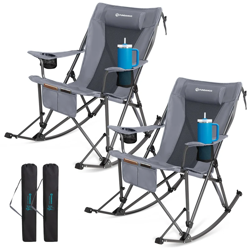 FUNDANGO Portable Rocking Camp Chair with Pillow & Cup Holders | High Back Padded Folding Rocker, 300lb Capacity Breathable Mesh Outdoor Chair