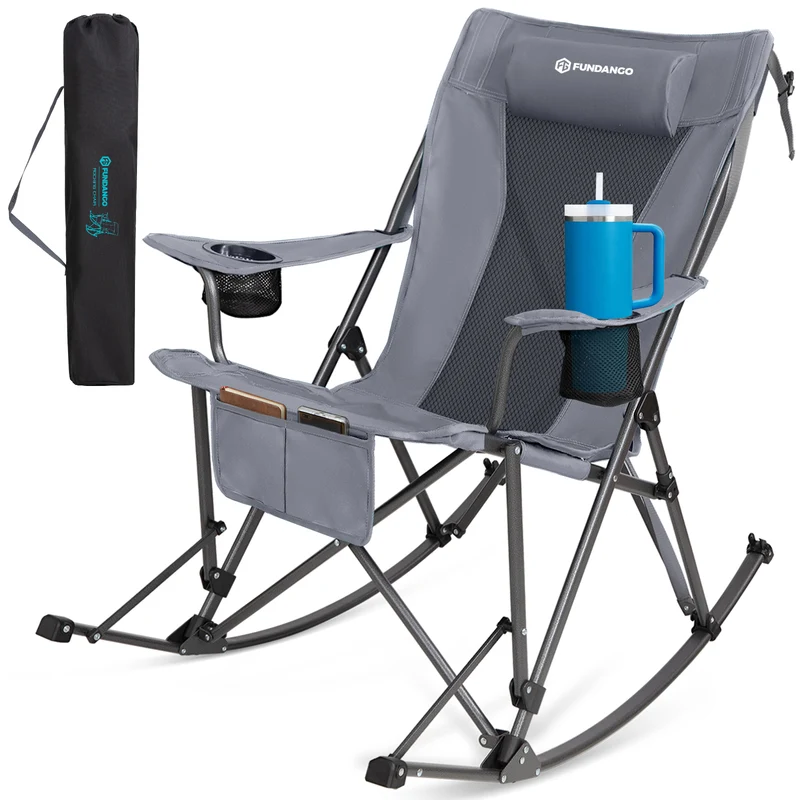 FUNDANGO Portable Rocking Camp Chair with Pillow & Cup Holders | High Back Padded Folding Rocker, 300lb Capacity Breathable Mesh Outdoor Chair