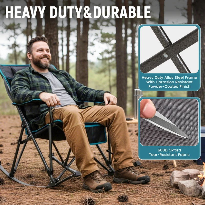 FUNDANGO Portable Rocking Camp Chair with Pillow & Cup Holders | High Back Padded Folding Rocker, 300lb Capacity Breathable Mesh Outdoor Chair