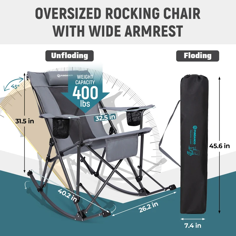 FUNDANGO Portable Rocking Camp Chair with Pillow & Cup Holders | High Back Padded Folding Rocker, 300lb Capacity Breathable Mesh Outdoor Chair