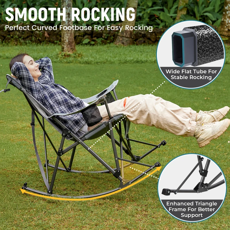 FUNDANGO Portable Rocking Camp Chair with Pillow & Cup Holders | High Back Padded Folding Rocker, 300lb Capacity Breathable Mesh Outdoor Chair