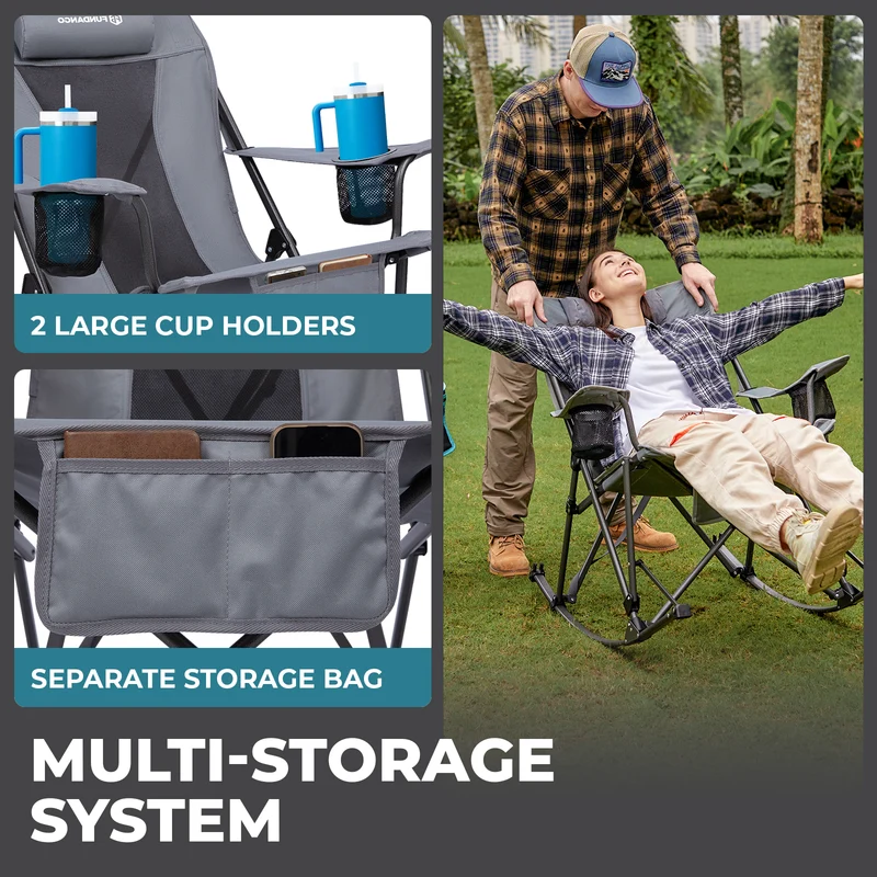 FUNDANGO Portable Rocking Camp Chair with Pillow & Cup Holders | High Back Padded Folding Rocker, 300lb Capacity Breathable Mesh Outdoor Chair