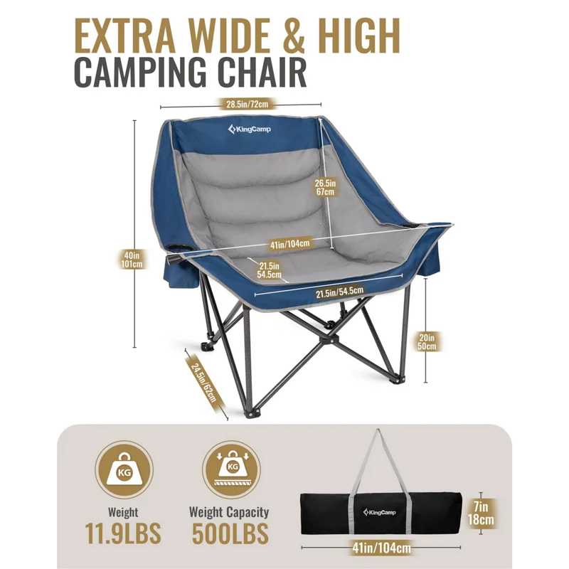 KingCamp CANNA C10 PLUS Oversized Padded Camping Chair, Heavy Duty Folding Chair with Cooler Bag, Cup Holder, Phone Slot & Carry Bag