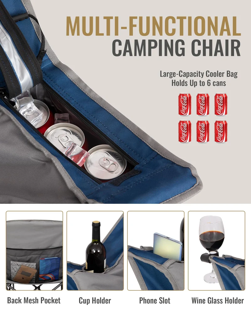 KingCamp CANNA C10 PLUS Oversized Padded Camping Chair, Heavy Duty Folding Chair with Cooler Bag, Cup Holder, Phone Slot & Carry Bag