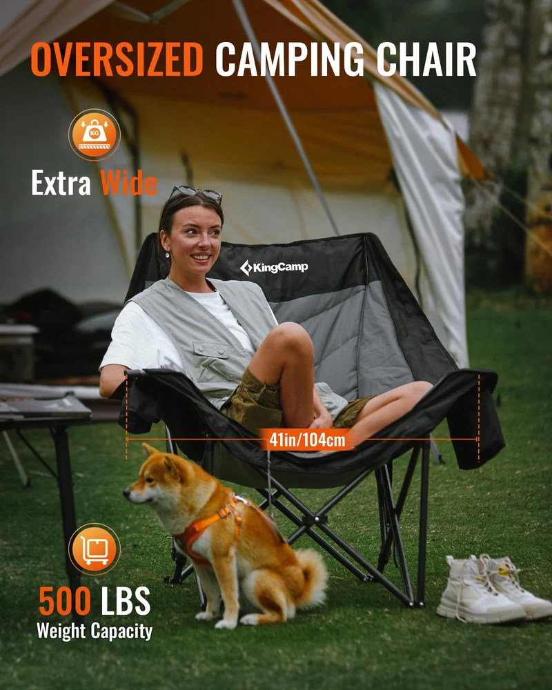 KingCamp CANNA C10 PLUS Oversized Padded Camping Chair, Heavy Duty Folding Chair with Cooler Bag, Cup Holder, Phone Slot & Carry Bag