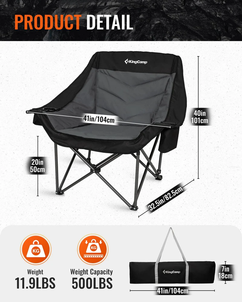 KingCamp CANNA C10 PLUS Oversized Padded Camping Chair, Heavy Duty Folding Chair with Cooler Bag, Cup Holder, Phone Slot & Carry Bag