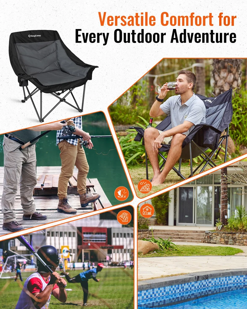 KingCamp CANNA C10 PLUS Oversized Padded Camping Chair, Heavy Duty Folding Chair with Cooler Bag, Cup Holder, Phone Slot & Carry Bag