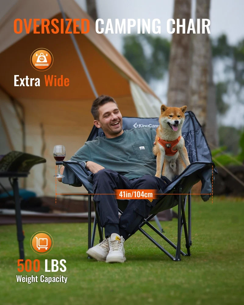 KingCamp CANNA C10 PLUS Oversized Padded Camping Chair, Heavy Duty Folding Chair with Cooler Bag, Cup Holder, Phone Slot & Carry Bag