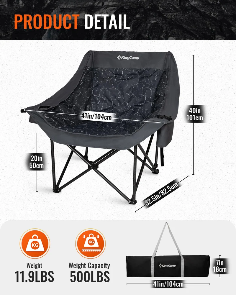 KingCamp CANNA C10 PLUS Oversized Padded Camping Chair, Heavy Duty Folding Chair with Cooler Bag, Cup Holder, Phone Slot & Carry Bag