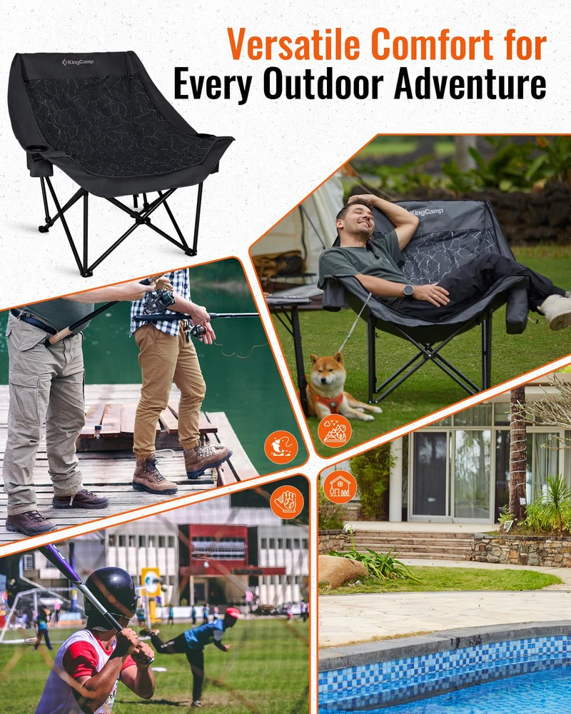 KingCamp CANNA C10 PLUS Oversized Padded Camping Chair, Heavy Duty Folding Chair with Cooler Bag, Cup Holder, Phone Slot & Carry Bag