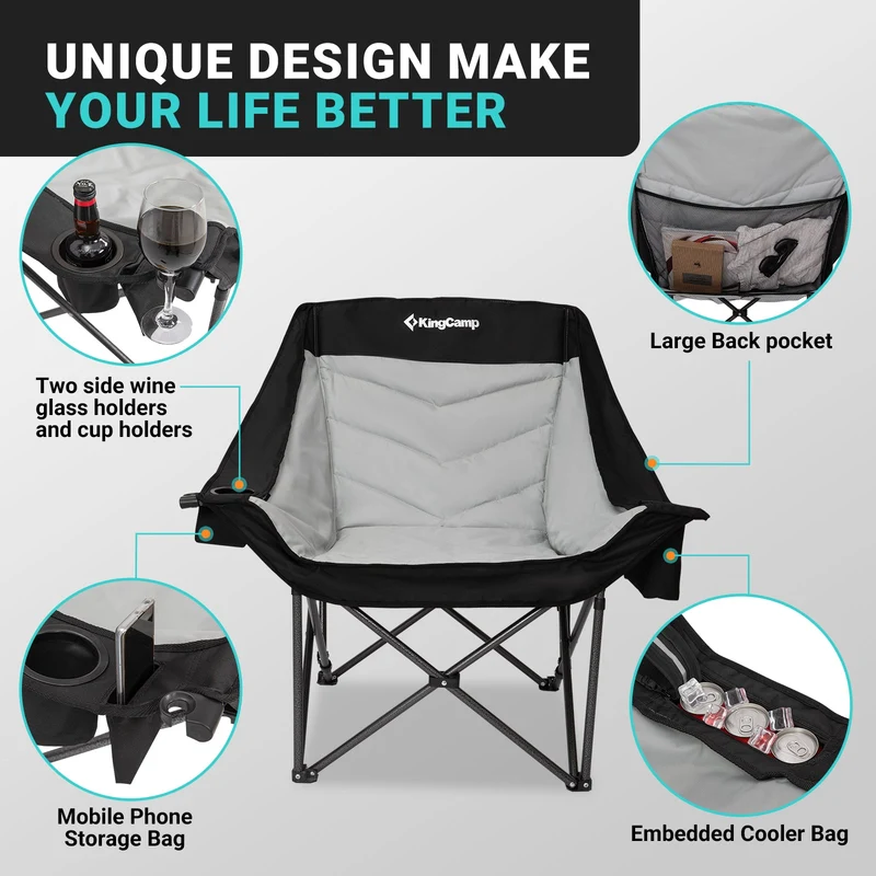 KingCamp CANNA C10 PLUS Oversized Padded Camping Chair, Heavy Duty Folding Chair with Cooler Bag, Cup Holder, Phone Slot & Carry Bag