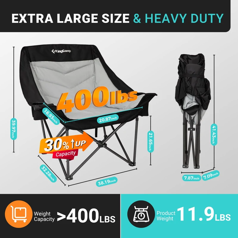 KingCamp CANNA C10 PLUS Oversized Padded Camping Chair, Heavy Duty Folding Chair with Cooler Bag, Cup Holder, Phone Slot & Carry Bag