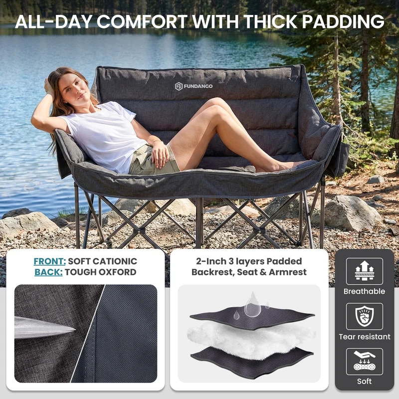 FUNDANGO Aurora Luxia P2 Double Camping Chair | Oversized Loveseat for Two with 450g Ultra-Thick Padding, Cup Holders & Mesh Pocket, 880lb Capacity