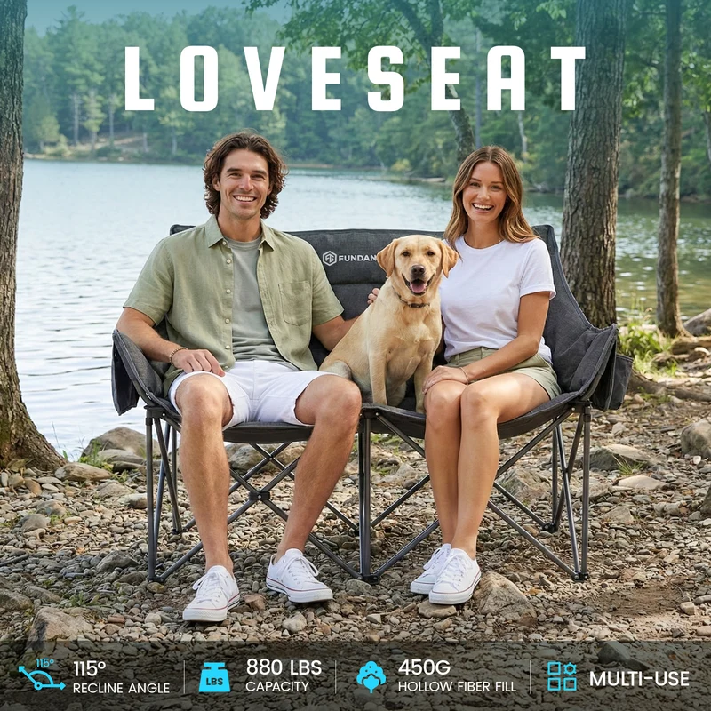 FUNDANGO Aurora Luxia P2 Double Camping Chair | Oversized Loveseat for Two with 450g Ultra-Thick Padding, Cup Holders & Mesh Pocket, 880lb Capacity