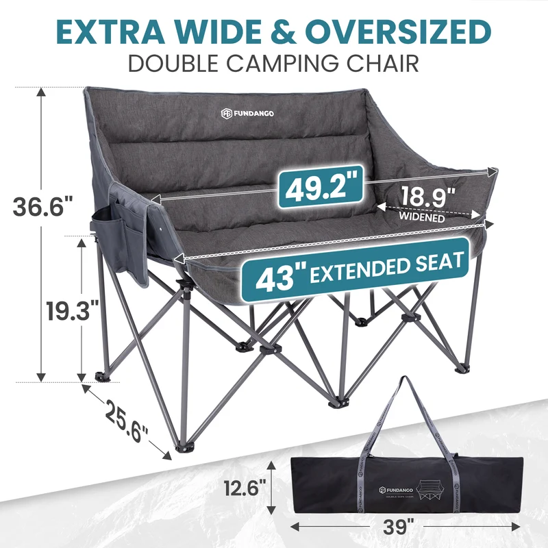 FUNDANGO Aurora Luxia P2 Double Camping Chair | Oversized Loveseat for Two with 450g Ultra-Thick Padding, Cup Holders & Mesh Pocket, 880lb Capacity