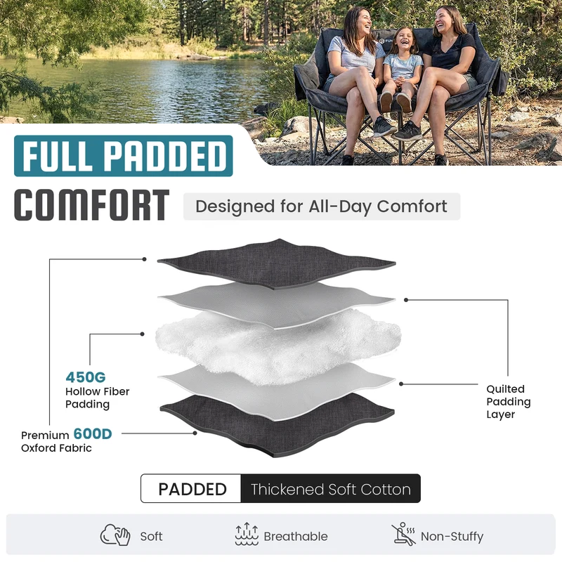 FUNDANGO Aurora Luxia P2 Double Camping Chair | Oversized Loveseat for Two with 450g Ultra-Thick Padding, Cup Holders & Mesh Pocket, 880lb Capacity