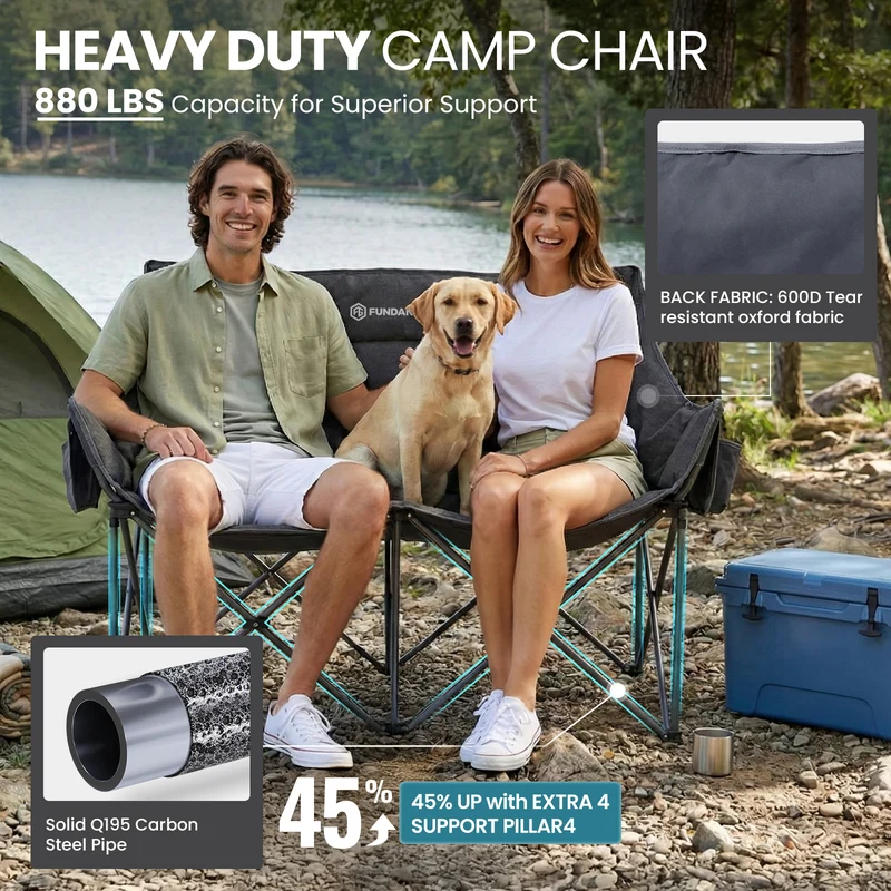 FUNDANGO Aurora Luxia P2 Double Camping Chair | Oversized Loveseat for Two with 450g Ultra-Thick Padding, Cup Holders & Mesh Pocket, 880lb Capacity