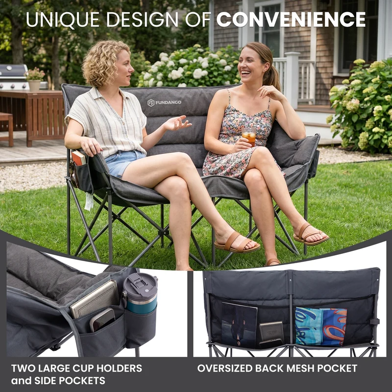 FUNDANGO Aurora Luxia P2 Double Camping Chair | Oversized Loveseat for Two with 450g Ultra-Thick Padding, Cup Holders & Mesh Pocket, 880lb Capacity