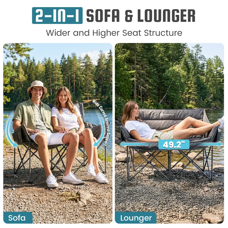 FUNDANGO Aurora Luxia P2 Double Camping Chair | Oversized Loveseat for Two with 450g Ultra-Thick Padding, Cup Holders & Mesh Pocket, 880lb Capacity