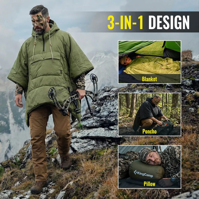 KingCamp MURANO 180 Wearable Hooded Poncho Blanket | 3-in-1 Convertible Camping Poncho, Lightweight Outdoor Cape with Kangaroo Pocket