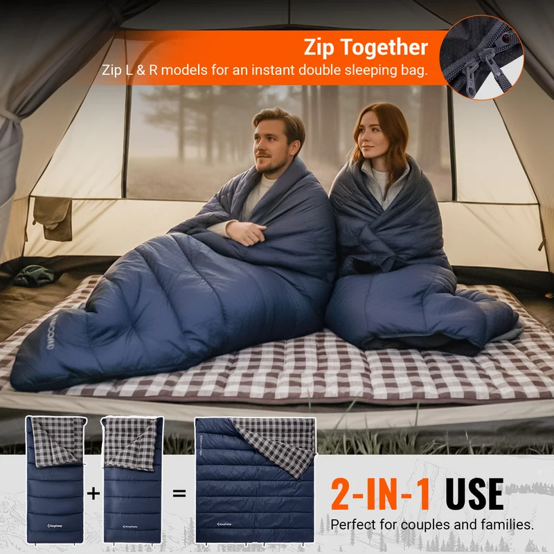 KingCamp SNOWFLAKE 400+ Single Sleeping Bag | 3-Season Flannel Sleeping Bag for Adults, Zip-Together Expandable Design for Camping & Backpacking