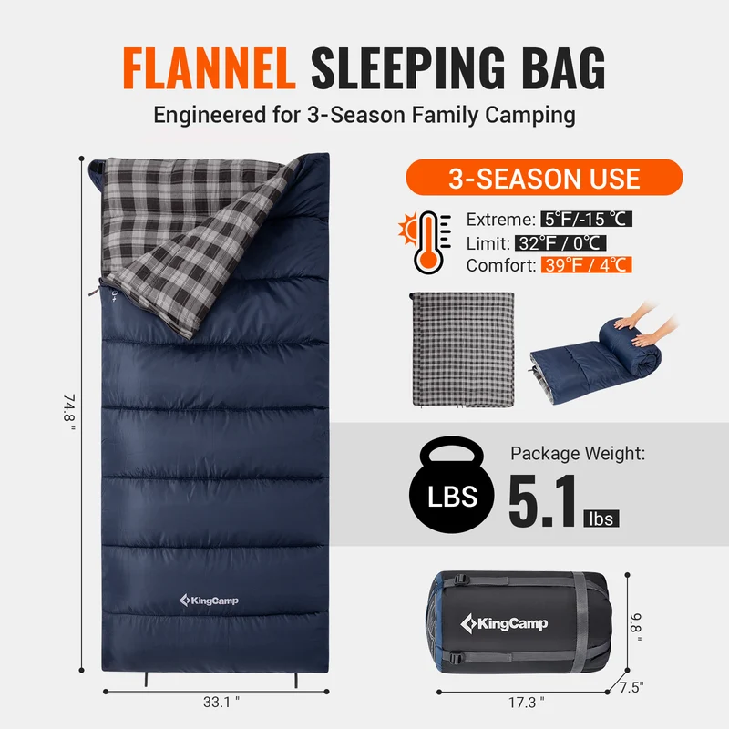 KingCamp SNOWFLAKE 400+ Single Sleeping Bag | 3-Season Flannel Sleeping Bag for Adults, Zip-Together Expandable Design for Camping & Backpacking