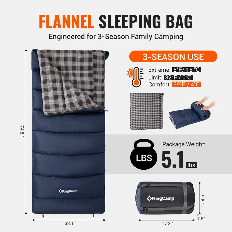 KingCamp SNOWFLAKE 400+ Single Sleeping Bag | 3-Season Flannel Sleeping Bag for Adults, Zip-Together Expandable Design for Camping & Backpacking