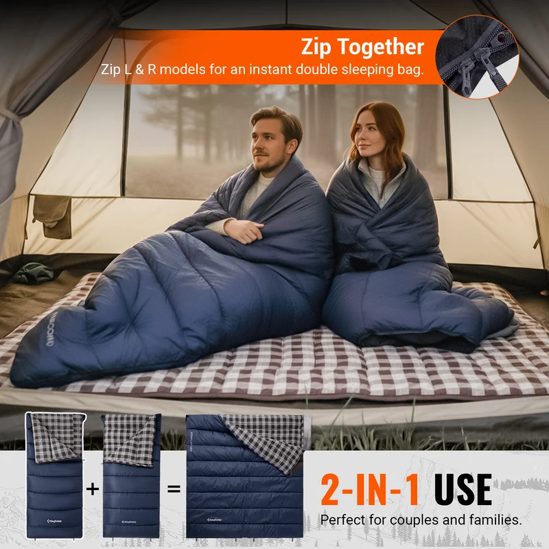 KingCamp SNOWFLAKE 400+ Single Sleeping Bag | 3-Season Flannel Sleeping Bag for Adults, Zip-Together Expandable Design for Camping & Backpacking