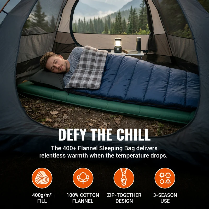 KingCamp SNOWFLAKE 400+ Single Sleeping Bag | 3-Season Flannel Sleeping Bag for Adults, Zip-Together Expandable Design for Camping & Backpacking