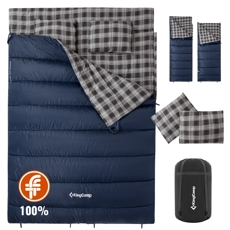 KingCamp SNOWFLAKE 300D+ Double Sleeping Bag | Queen-Size 2-Person Flannel Sleeping Bag, 3-in-1 Convertible to 2 Single Bags