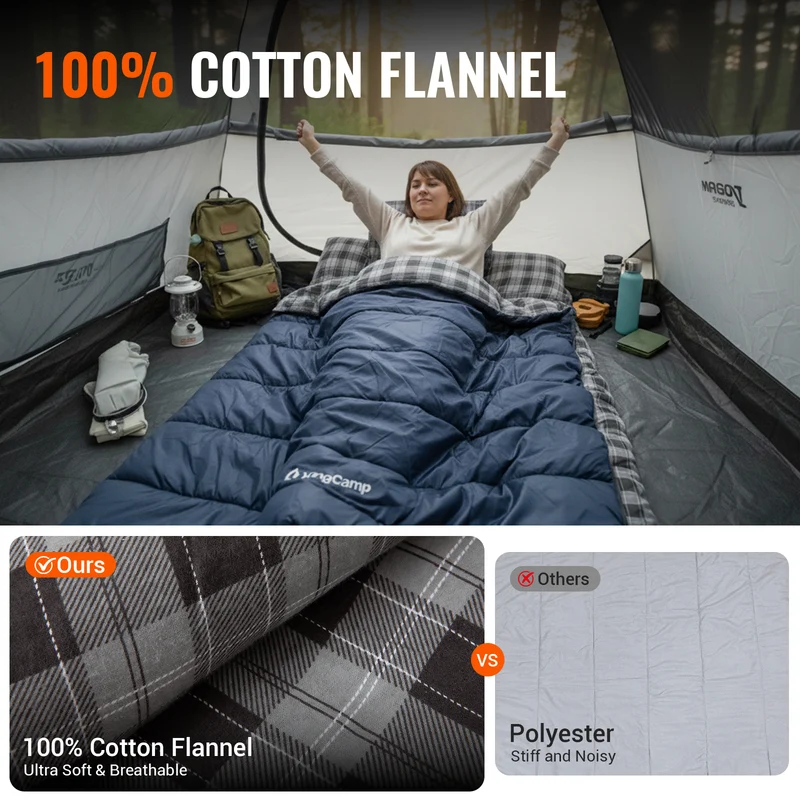 KingCamp SNOWFLAKE 300D+ Double Sleeping Bag | Queen-Size 2-Person Flannel Sleeping Bag, 3-in-1 Convertible to 2 Single Bags