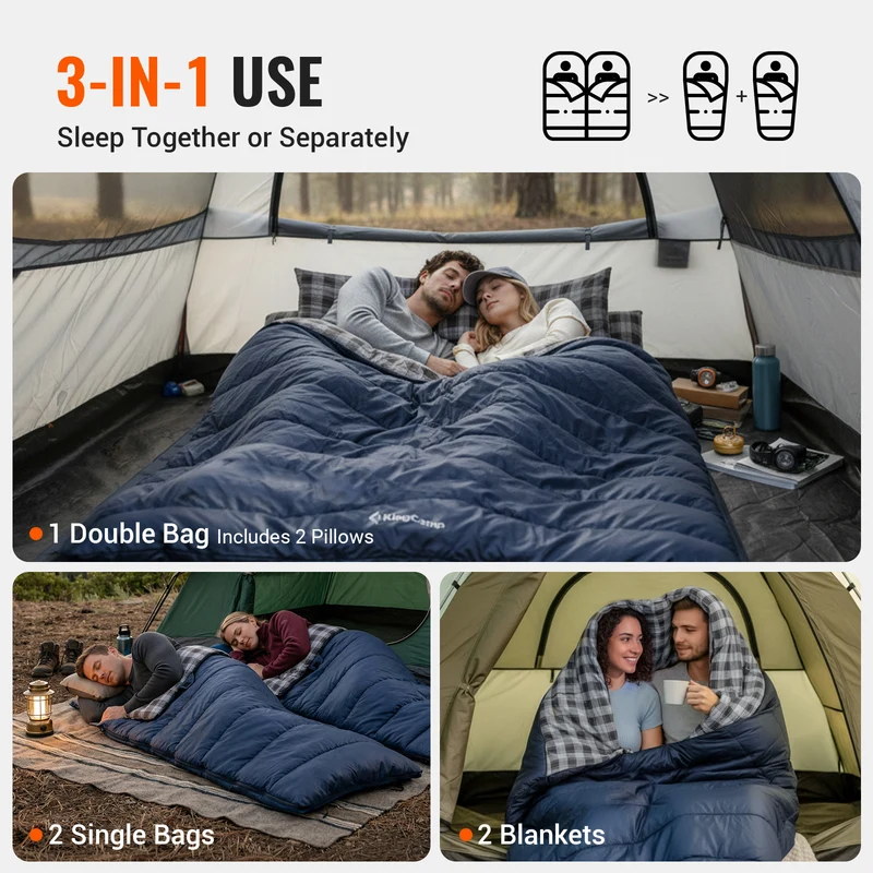 KingCamp SNOWFLAKE 300D+ Double Sleeping Bag | Queen-Size 2-Person Flannel Sleeping Bag, 3-in-1 Convertible to 2 Single Bags