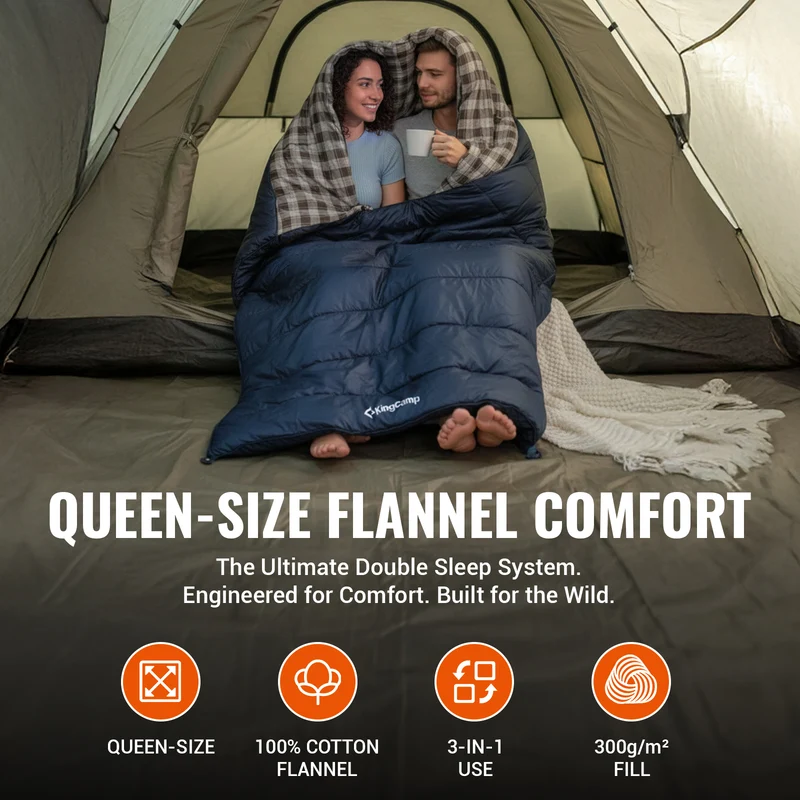 KingCamp SNOWFLAKE 300D+ Double Sleeping Bag | Queen-Size 2-Person Flannel Sleeping Bag, 3-in-1 Convertible to 2 Single Bags