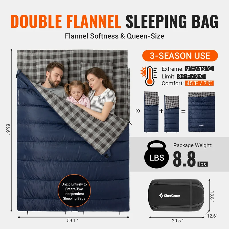 KingCamp SNOWFLAKE 300D+ Double Sleeping Bag | Queen-Size 2-Person Flannel Sleeping Bag, 3-in-1 Convertible to 2 Single Bags