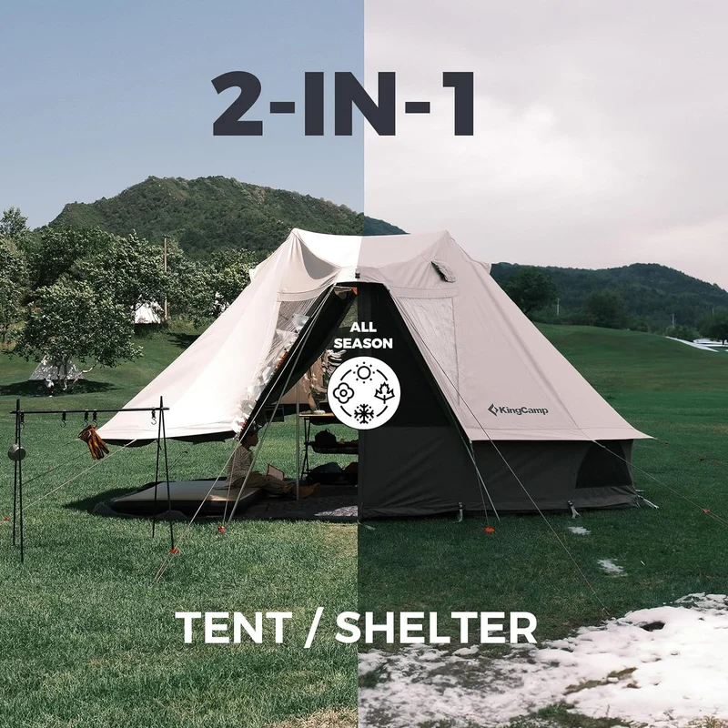KingCamp KHAN VILLA 4.6M (15FT) TC Canvas Glamping Tent – 4-6 Person 4-Season Luxury Cabin Tent with Stove Jack, 2 Bedrooms & 1 Living Room Layout