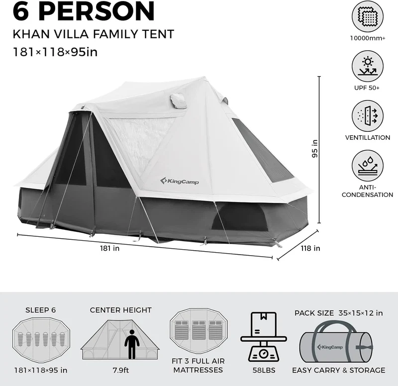 KingCamp KHAN VILLA 4.6M (15FT) TC Canvas Glamping Tent – 4-6 Person 4-Season Luxury Cabin Tent with Stove Jack, 2 Bedrooms & 1 Living Room Layout