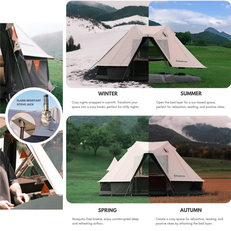 KingCamp KHAN VILLA 4.6M (15FT) TC Canvas Glamping Tent – 4-6 Person 4-Season Luxury Cabin Tent with Stove Jack, 2 Bedrooms & 1 Living Room Layout