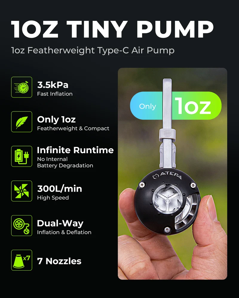 ATEPA 2-in-1 Ultra-Mini Air Pump | Only 1oz (28g) Portable Electric Pump for Inflatables, USB Powered with 7 Nozzles