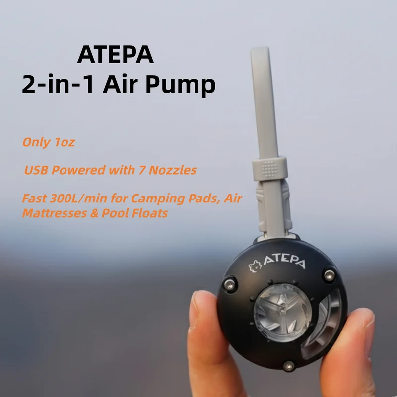ATEPA 2-in-1 Ultra-Mini Air Pump | Only 1oz (28g) Portable Electric Pump for Inflatables, USB Powered with 7 Nozzles