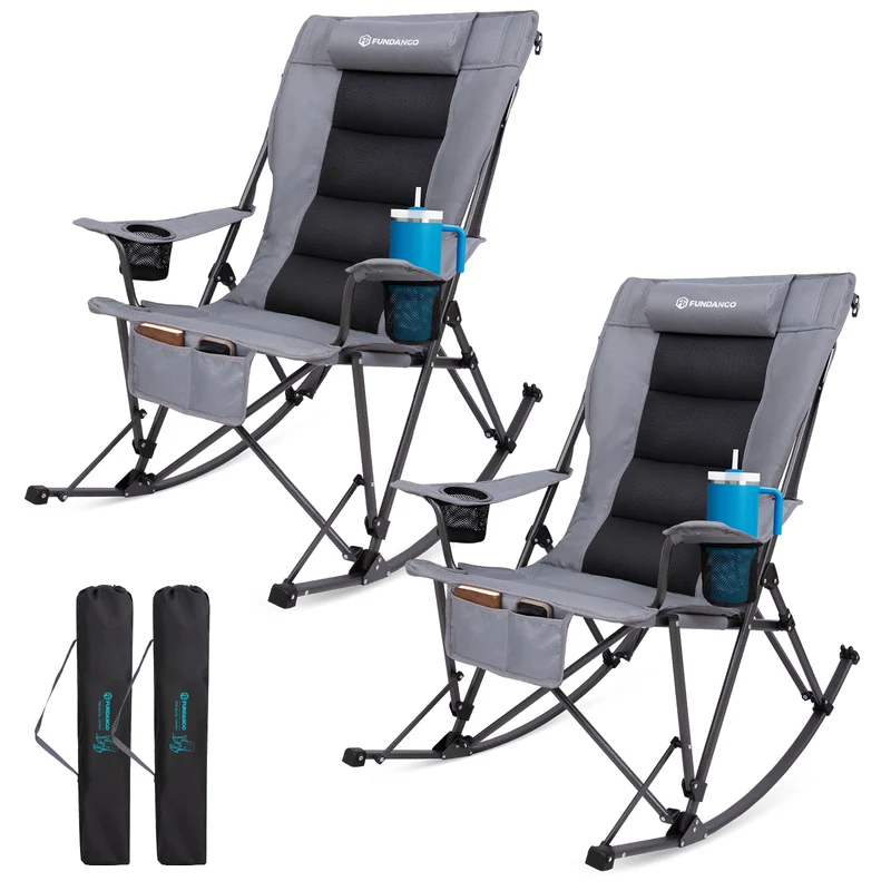 FUNDANGO Oversized Rocking Camping Chair | High Back Padded Folding Rocker with Cup Holders, 440lb Capacity Heavy Duty Outdoor Chair