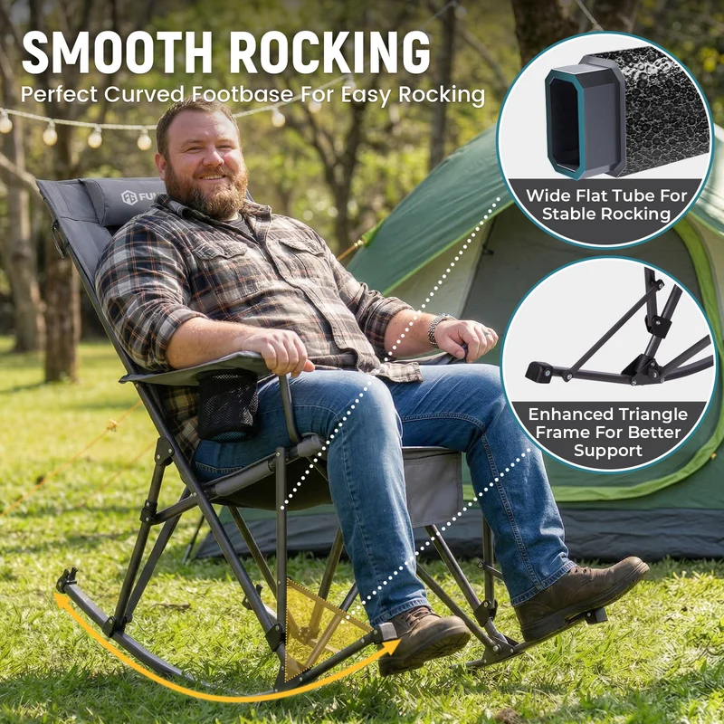 FUNDANGO Oversized Rocking Camping Chair | High Back Padded Folding Rocker with Cup Holders, 440lb Capacity Heavy Duty Outdoor Chair