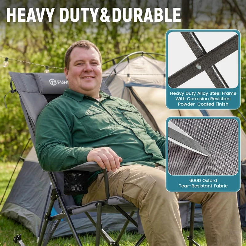 FUNDANGO Oversized Rocking Camping Chair | High Back Padded Folding Rocker with Cup Holders, 440lb Capacity Heavy Duty Outdoor Chair