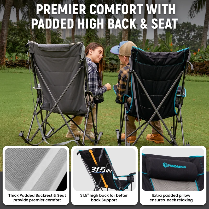 FUNDANGO Oversized Rocking Camping Chair | High Back Padded Folding Rocker with Cup Holders, 440lb Capacity Heavy Duty Outdoor Chair