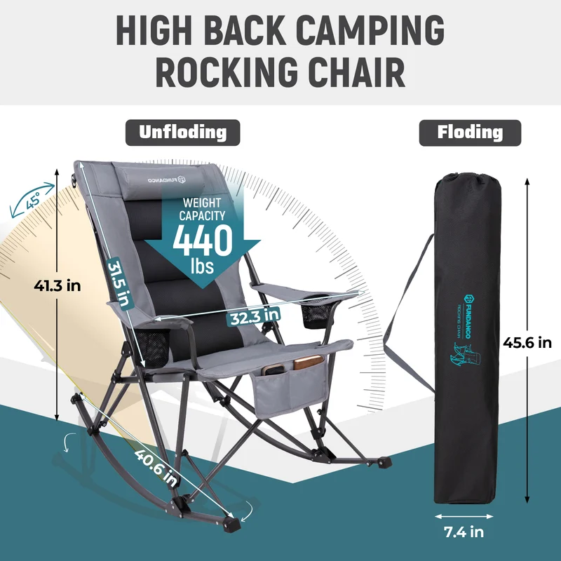 FUNDANGO Oversized Rocking Camping Chair | High Back Padded Folding Rocker with Cup Holders, 440lb Capacity Heavy Duty Outdoor Chair
