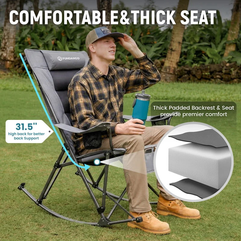 FUNDANGO Oversized Rocking Camping Chair | High Back Padded Folding Rocker with Cup Holders, 440lb Capacity Heavy Duty Outdoor Chair